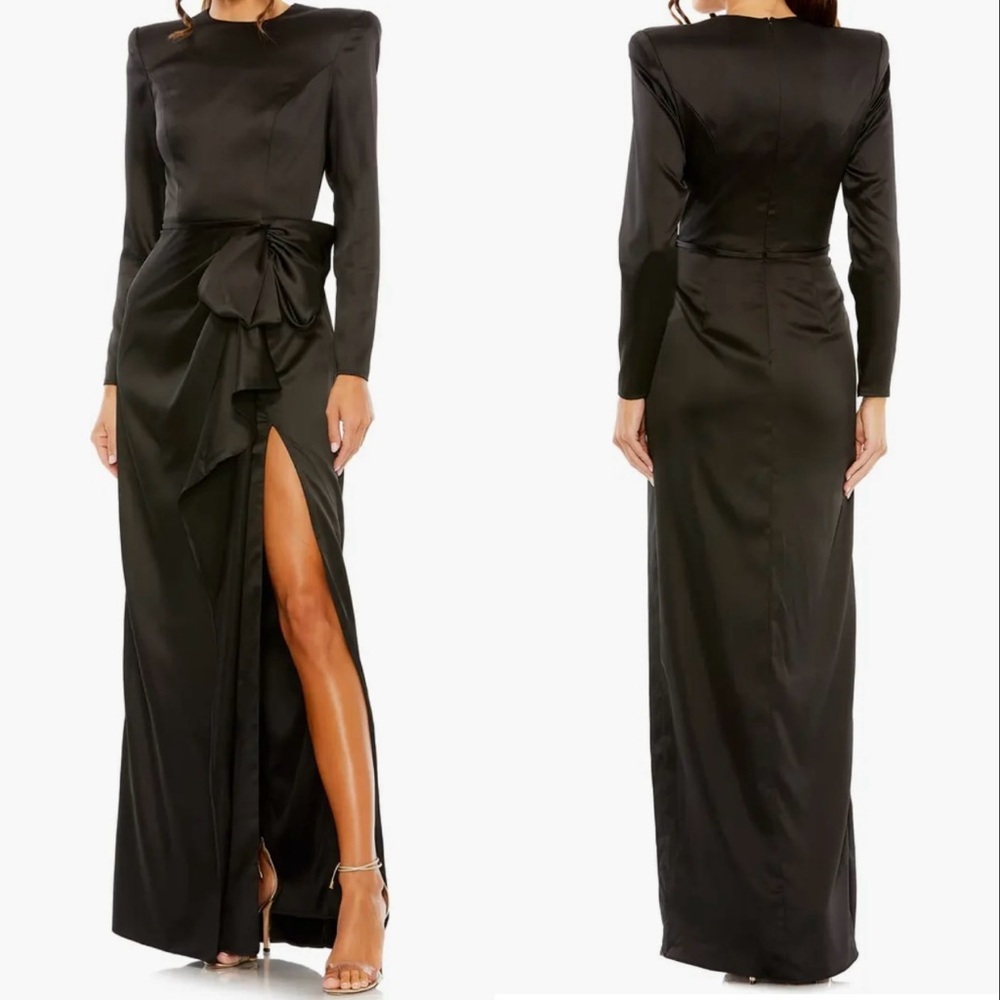 NWOT Mac Duggal Black Satin Bow Long Sleeve padded shoulder Column Gown sz 10 - Picture 2 of 6